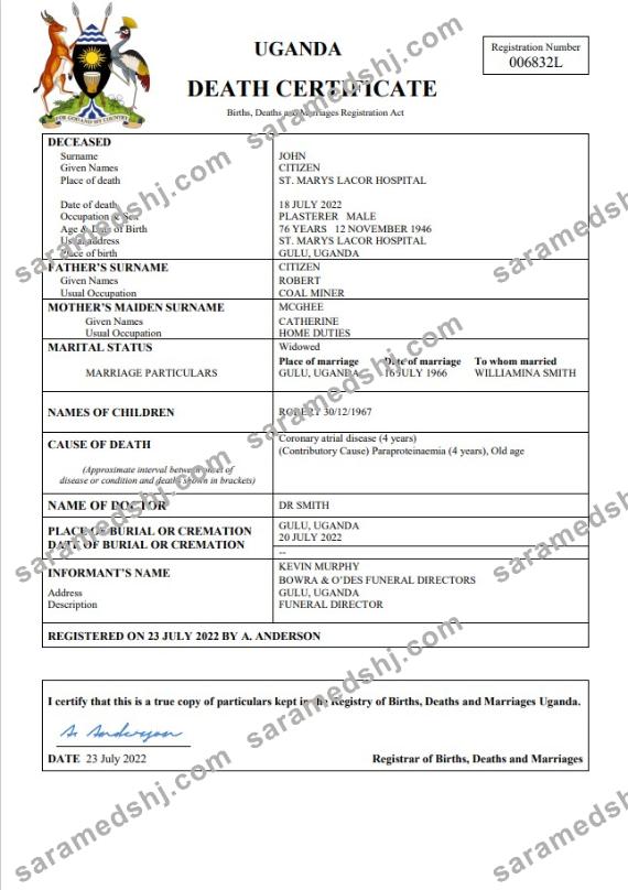 Uganda vital record death certificate Word and PDF template